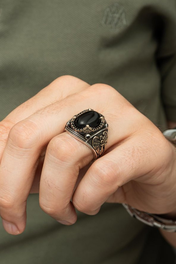 Siyah Oniks Taşlı Kartal Motifli 925 Gümüş Erkek Yüzük - Resim 8
