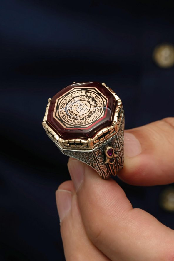 Ayetel Kursi Suresi Hat Yazılı Sıkma Kehribar 925 Gümüş Erkek Yüzük - Resim 3