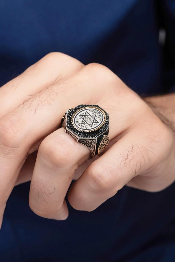 Mührü Süleyman İşleme 925 Gümüş Erkek Yüzük - Resim 3