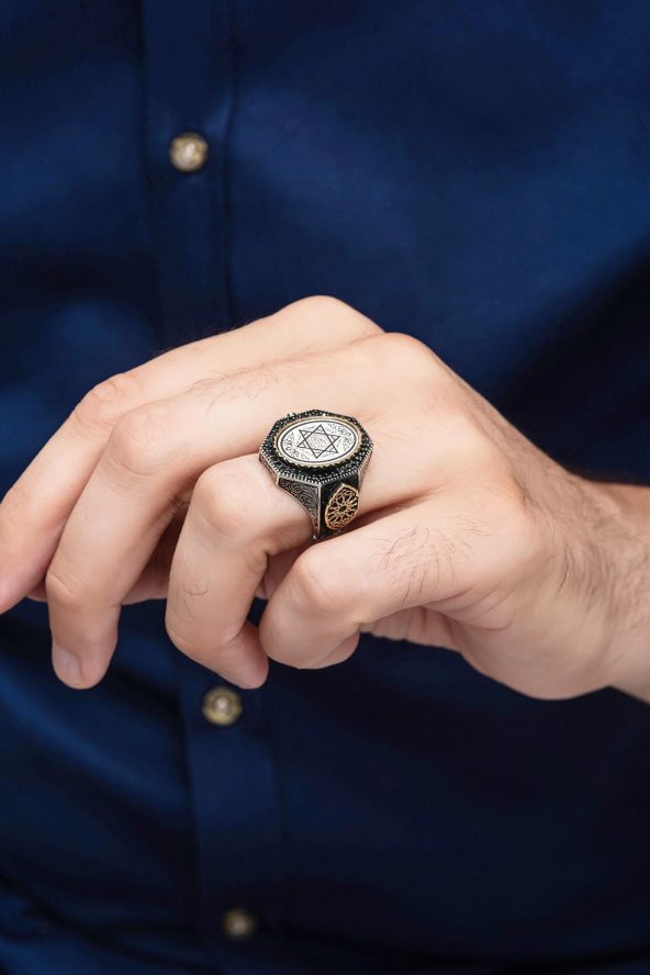 Mührü Süleyman İşleme 925 Gümüş Erkek Yüzük - Resim 4