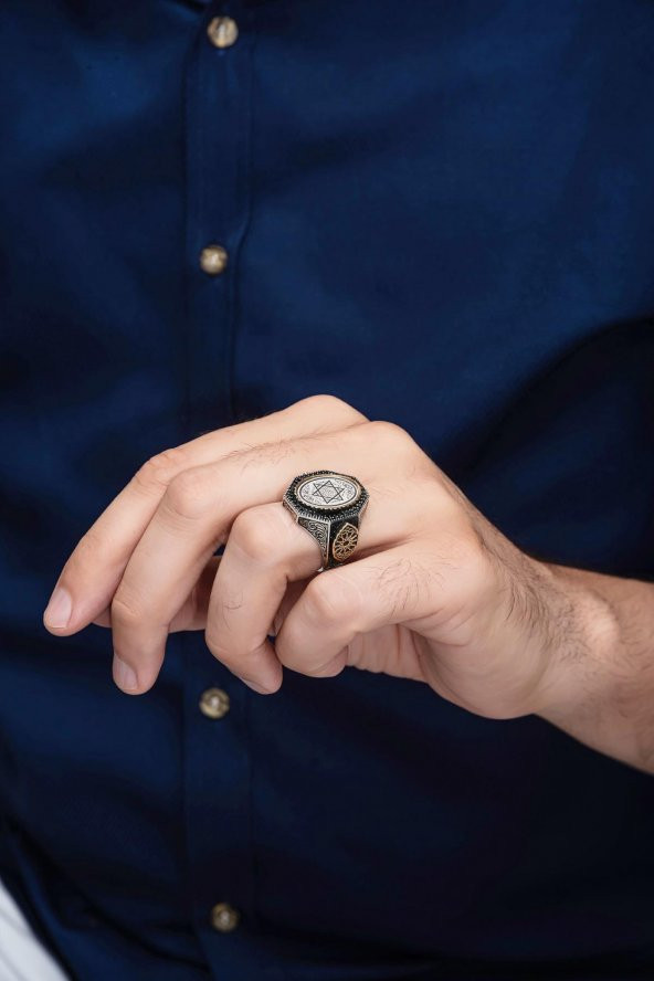 Mührü Süleyman İşleme 925 Gümüş Erkek Yüzük - Resim 5