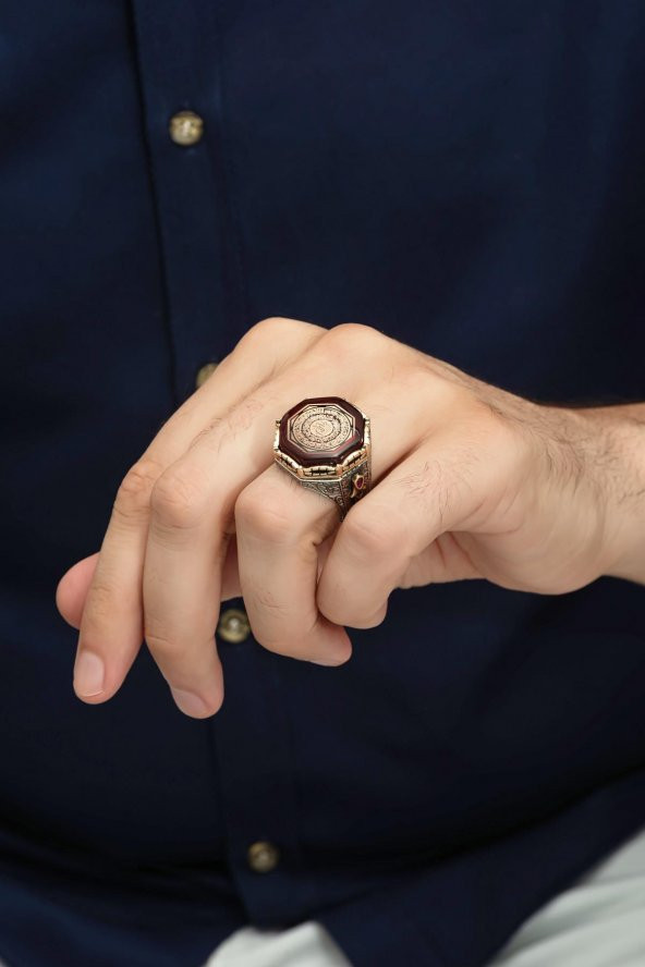 Ayetel Kursi Suresi Hat Yazılı Sıkma Kehribar 925 Gümüş Erkek Yüzük - Resim 5