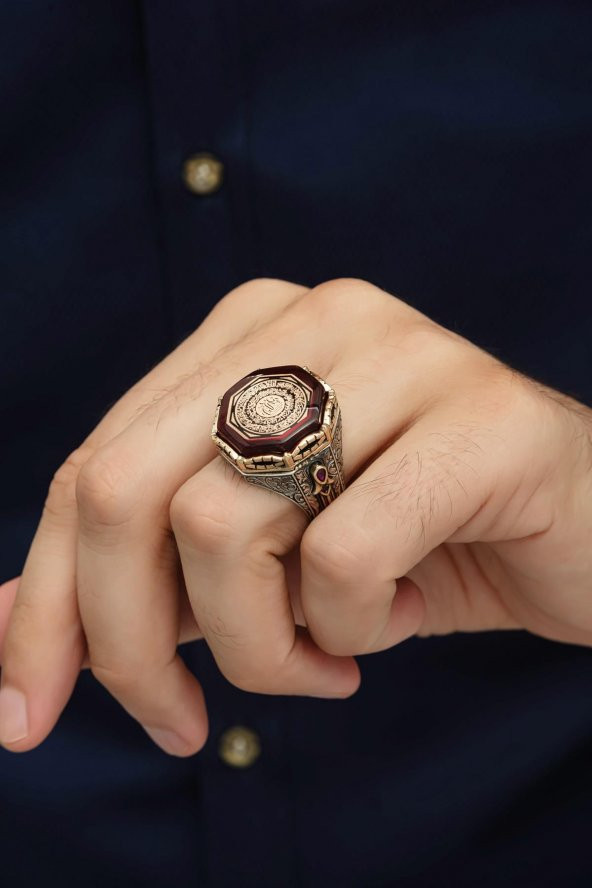 Ayetel Kursi Suresi Hat Yazılı Sıkma Kehribar 925 Gümüş Erkek Yüzük - Resim 6