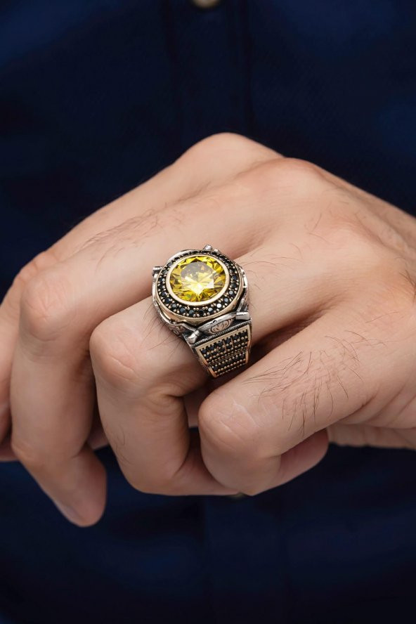 Yuvarlak Sarı Sitrin Taşlı 925 Gümüş Erkek Yüzük ürün görseli