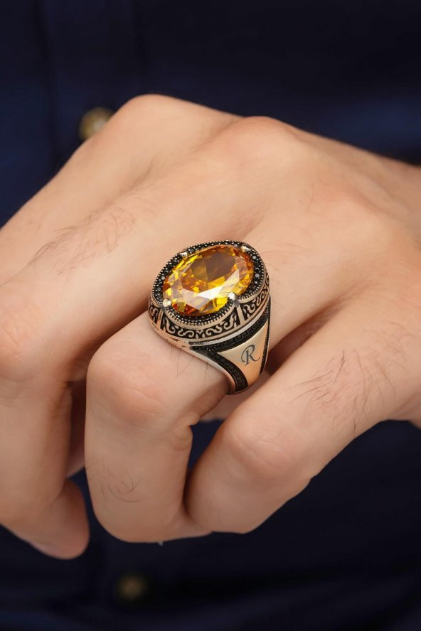 Sarı Sitrin Taşlı İsimli 925 Gümüş Erkek Yüzük ürün görseli