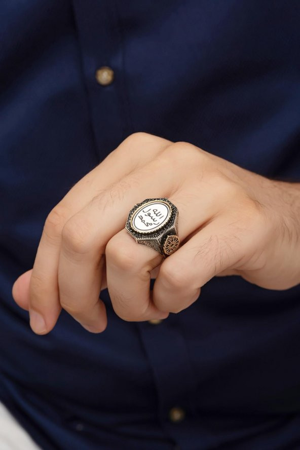 Peygamber Mührü Yazılı 925 Gümüş Erkek Yüzük - Resim 4