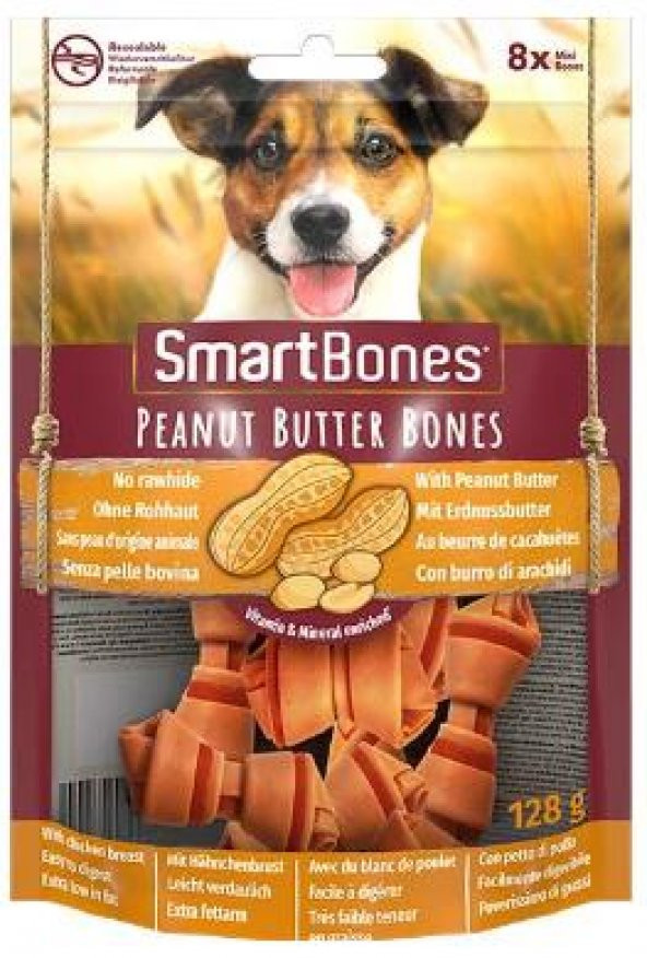 SmartBones Tavuklu Fıstık Ezmeli Mini Düğüm Kemik Köpek Ödülü 8 li 128 Gr