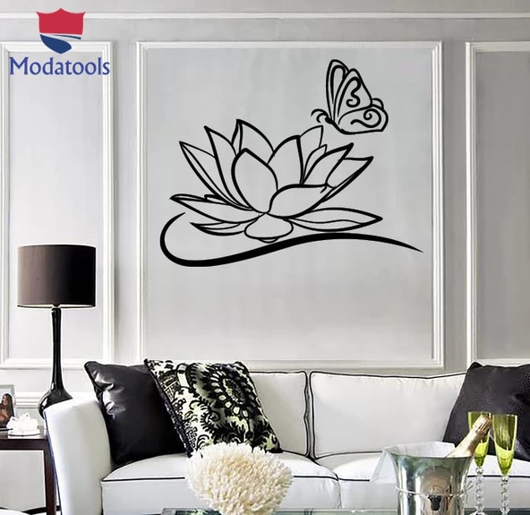 Oturma Odası, Yatak Odası Duvar Sticker Güzel Çiçek Lotus Yaprakları Süsler Kelebek Benzersiz Hediyelik ürün görseli