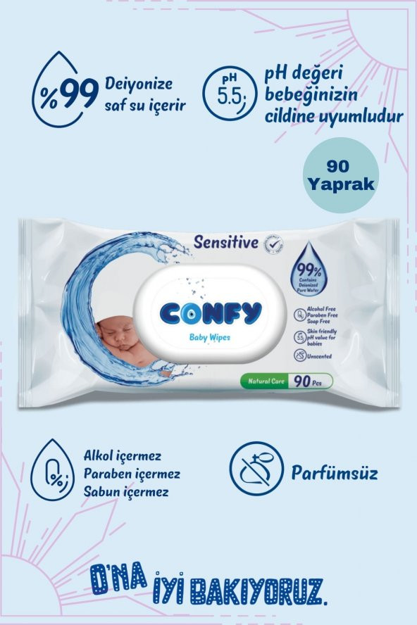 Confy Sensitive Bebeklere Özel Islak Mendil 90 Yaprak