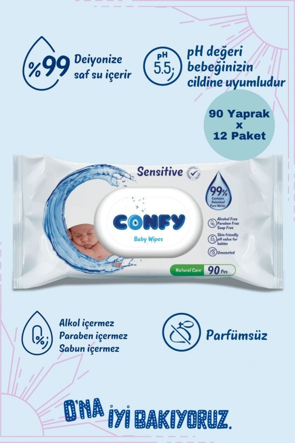 Confy Sensitive Bebeklere Özel Islak Mendil 12x90 - 1080 Yaprak