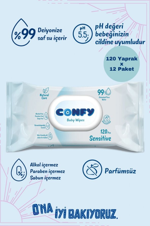 Confy Sensitive Bebeklere Özel Islak Mendil 12x120 - 1140 Yaprak