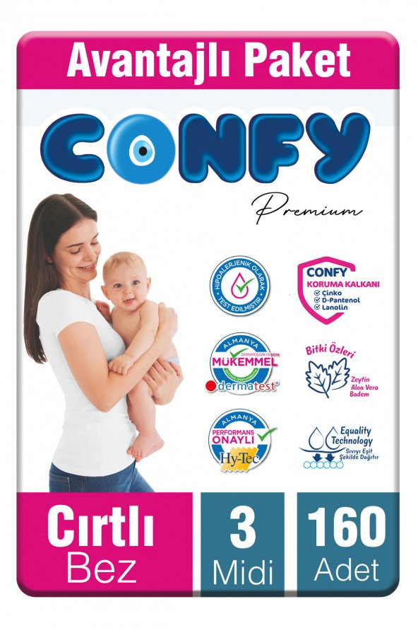 Confy Premium Bebek Bezi 3 Numara Midi 4 - 9 Kg 160 Adet