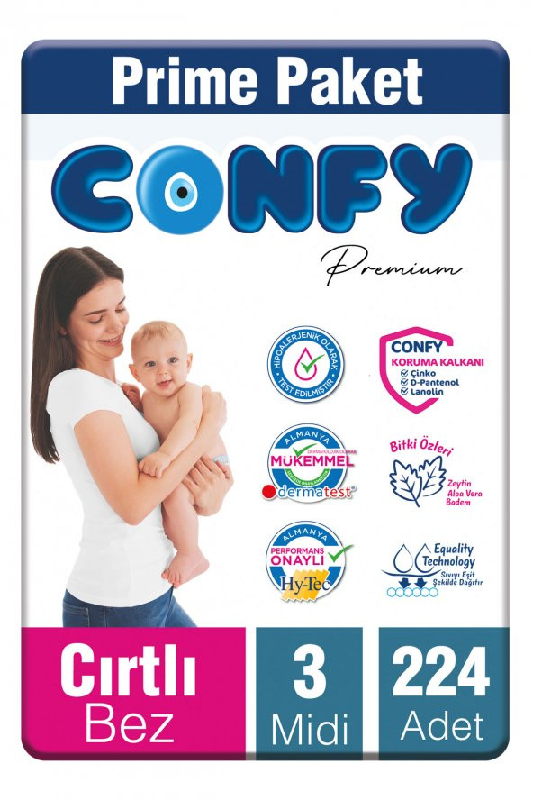 Confy Premium Bebek Bezi 3 Numara Midi 4 - 9 Kg 224 Adet