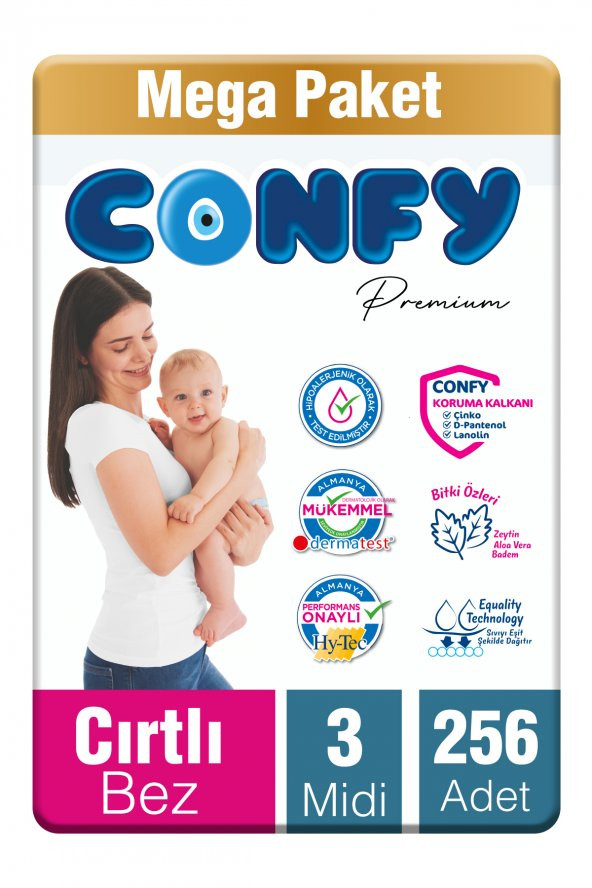 Confy Premium Bebek Bezi 3 Numara Midi 4 - 9 Kg 256 Adet