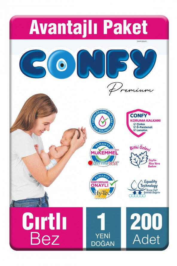 Confy Premium 1 Numara Bebek Bezi Yenidoğan 2 - 5 KG 200 Adet