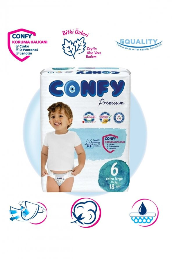 Confy Premium 6 Numara Bebek Bezi Extralarge +15 KG 18 Adet