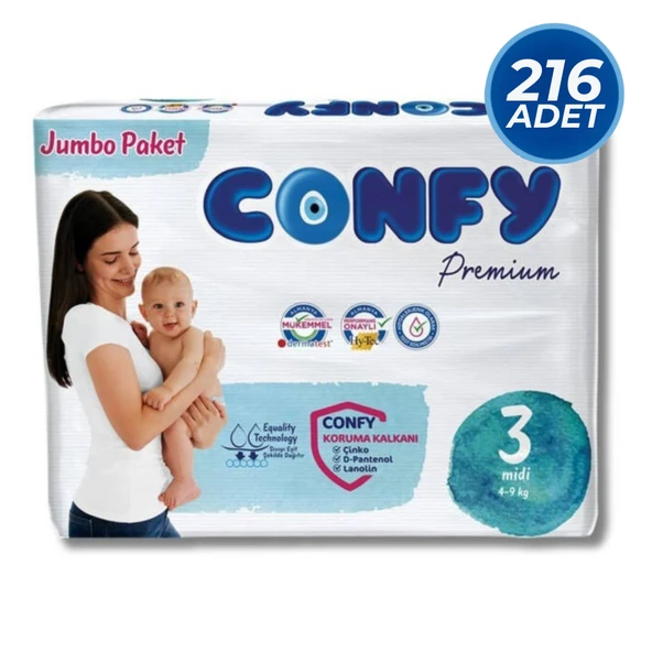 Confy Premium Bebek Bezi 3 Numara Midi 4 - 9 Kg 216 Adet