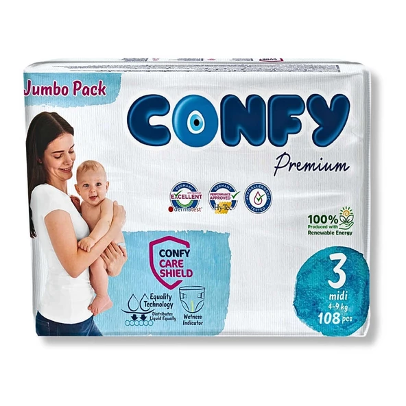 Confy Premium Bebek Bezi 3 Beden Midi 4 - 9 Kg 108 Adet