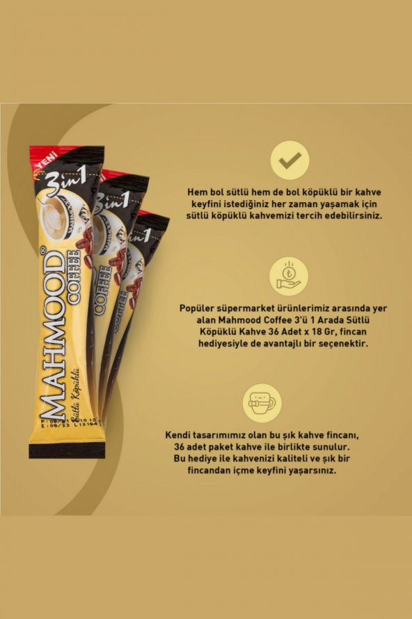 Mahmood Coffee  3 ü 1 Arada Sütlü Köpüklü Kahve 42 Adet x 18 gr ve Fincan - 2