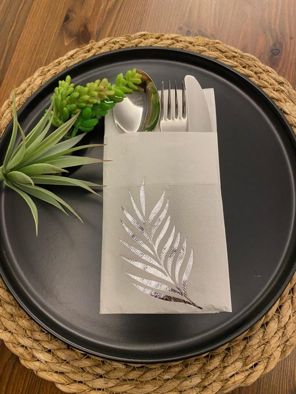 Gümüş Yaldızlı Beyaz Yaprak Cepli Aır Touch Peçete 12 lı 40x40 - 2