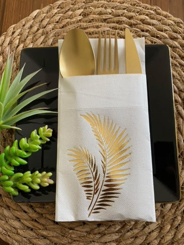 Gold Yaldızlı Beyaz Yaprak Cepli Aır Touch Peçete 12 lı 40x40 ürün görseli 1