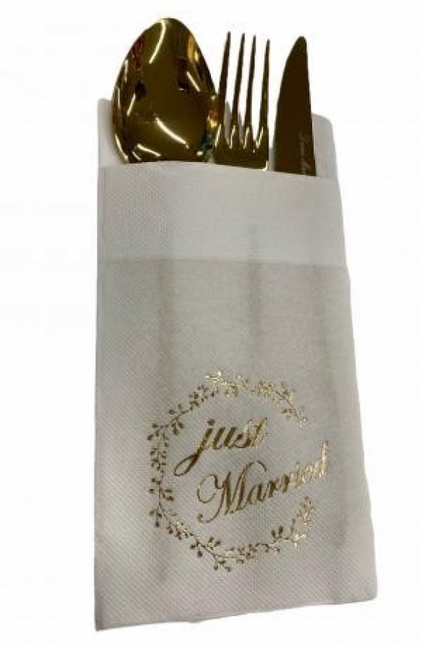 Gold Yaldızlı Beyaz Just Married Cepli Aır Touch Peçete 12 lı 40x40