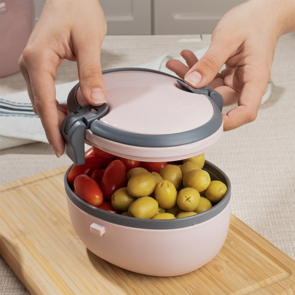 Porsima L-00691 Joy Kendinden Kaşık Çatallı Bölmeli 2 Katlı Beslenme Çantası Saklama Kutusu Pudra - 2