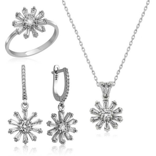 Gümüş Trapez Taşlı  Çiçek Bayan Set SL3476