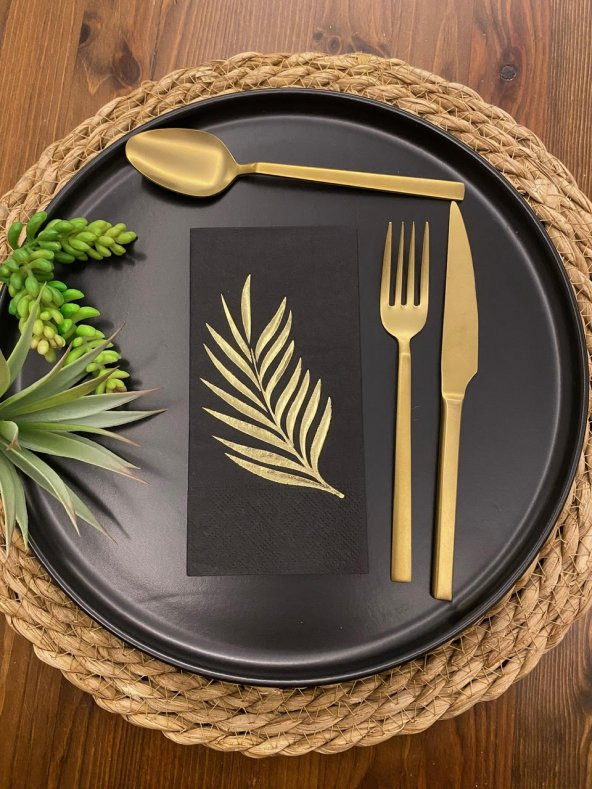 Gold Yaldızlı Siyah Yaprak Desenli Peçete 16 lı - Resim 2