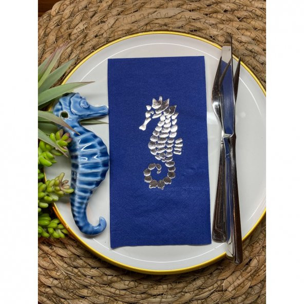 Gümüş Yaldızlı Lacivert Deniz Atı Peçete ürün görseli 1