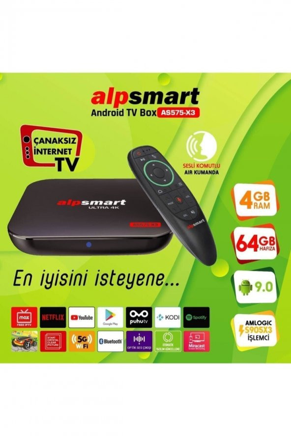 Alpsmart 4K 4 GB Ram 64 GB Hafıza Sesli Akıllı kumandalı Ethernet girişli wifi+HDMI ip Tv Box