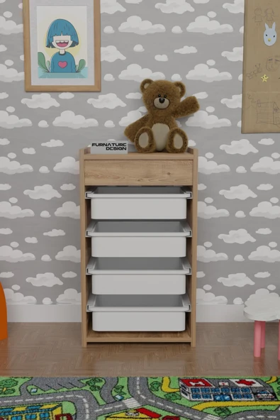 4 Sepetli Oyuncak Dolabı Çok Amaçlı Mutfak Dolabı Sebzelik Atlantik Çam - Beyaz - 2