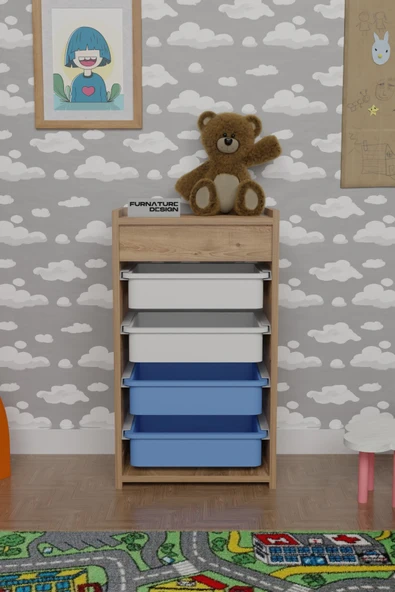 4 Sepetli Oyuncak Dolabı Çok Amaçlı Mutfak Dolabı Sebzelik Atlantik Çam - Beyaz&Mavi - 2