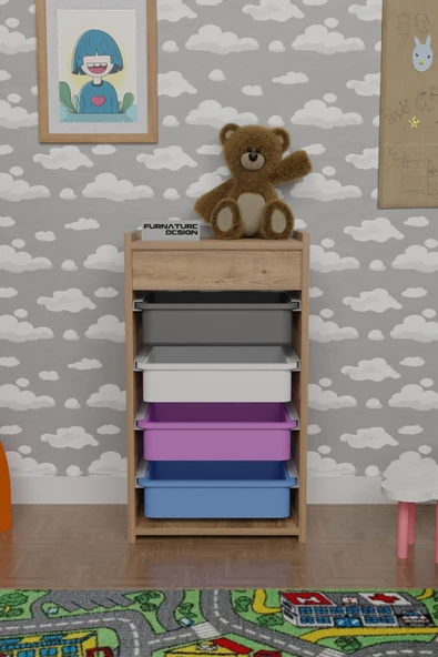 4 Sepetli Oyuncak Dolabı Çok Amaçlı Mutfak Dolabı Sebzelik Atlantik Çam - Karışık - 2