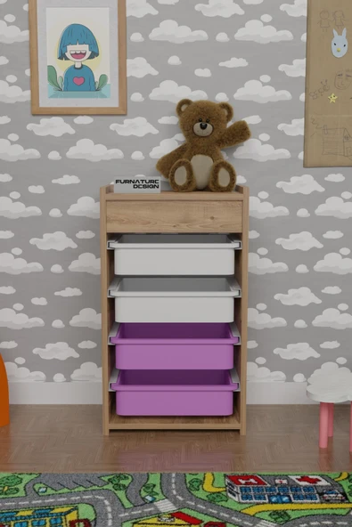 4 Sepetli Oyuncak Dolabı Çok Amaçlı Mutfak Dolabı Sebzelik Atlantik Çam - Beyaz&Pembe - 2