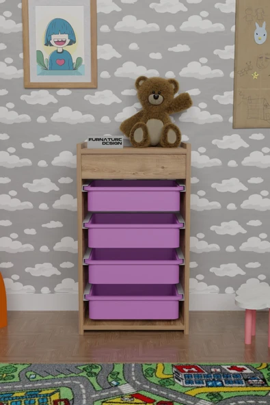 4 Sepetli Oyuncak Dolabı Çok Amaçlı Mutfak Dolabı Sebzelik Atlantik Çam - Pembe - 2