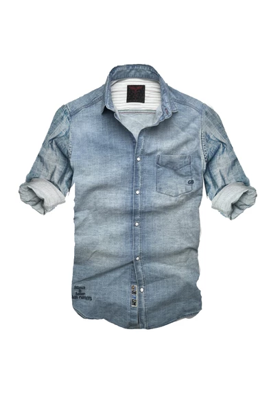 Slim Fit Saf Pamuk Denim Kumaş Kot Gömlek-- buz mavisi---
