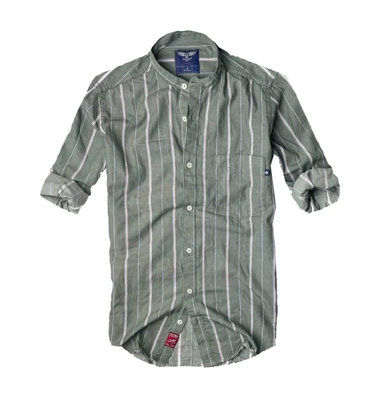 slim fit %100 pamuk kumaş hakim yaka  uzun kol  gömlek-çizgili haki- - Resim 2