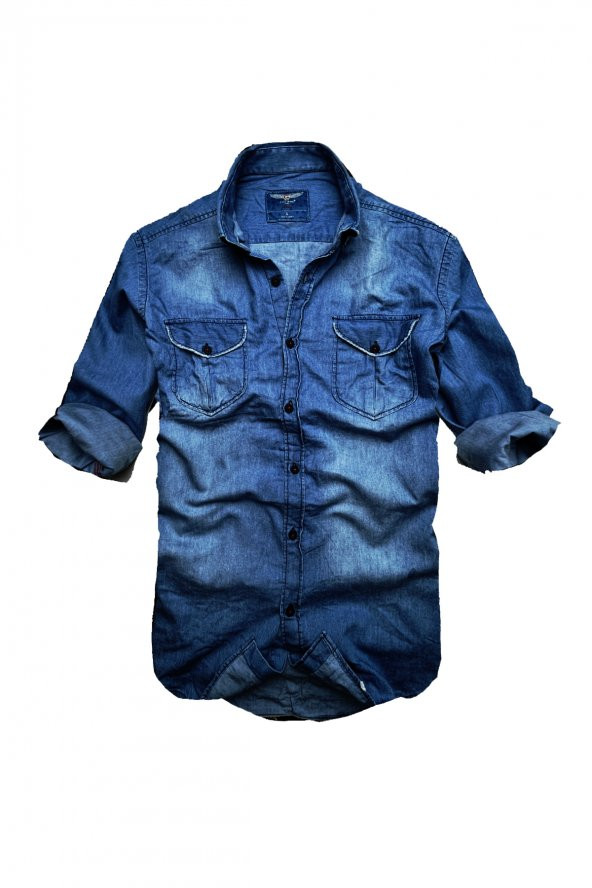 Slim Fit Saf Pamuk Denim Kumaş Kot Gömlek- -koyu mavi--