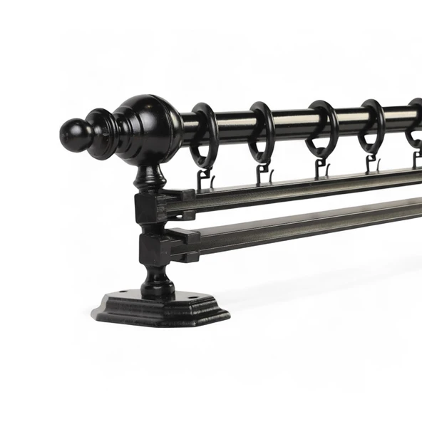 Siyah Çift Raylı Ahşap Rustik Perde Askısı - 100 CM - 1
