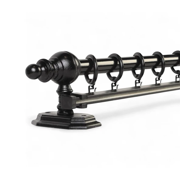 Siyah Tek Raylı Ahşap Rustik Perde Askısı - 150 CM - 1
