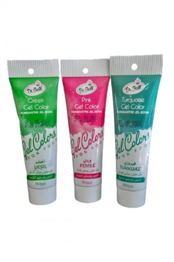 Dr Gusto 3 Lü Set Pembe / Turkuaz /yeşil Tüp Jel Gıda Boya 100gr