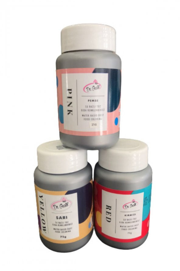 Dr Gusto 3 Lü Set Pembe/ Sarı / Kırmızı Su Bazlı Toz Gıda Boya 75gr