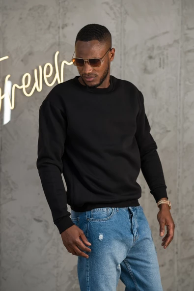 Oversize 3 İplik İçi Polarlı Bisiklet Yaka Basic Sweatshirt - 7