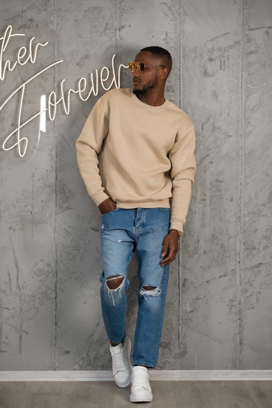 Oversize 3 İplik İçi Polarlı Bisiklet Yaka Basic Sweatshirt - 12