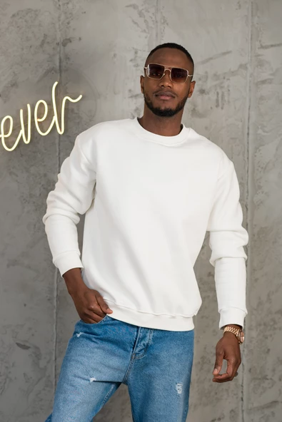 Oversize 3 İplik İçi Polarlı Bisiklet Yaka Basic Sweatshirt - 3