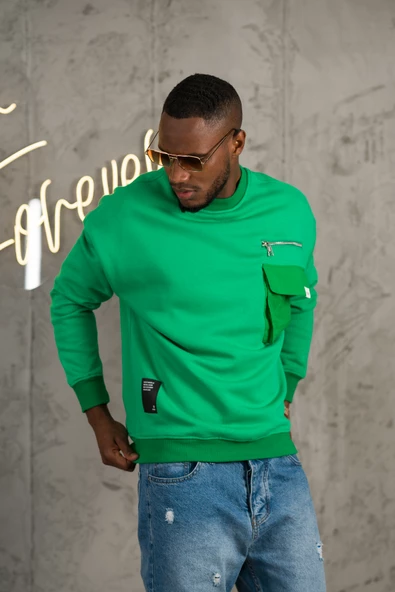 Oversize 3 İplik Bisiklet Yaka Torba Cepli İçi Polarlı Basic Sweatshirt - 4