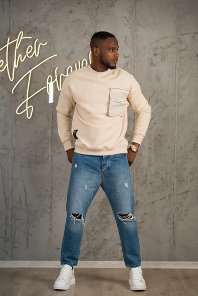 Oversize 3 İplik Bisiklet Yaka Torba Cepli İçi Polarlı Basic Sweatshirt - 9