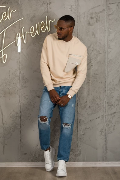 Oversize 3 İplik Bisiklet Yaka Torba Cepli İçi Polarlı Basic Sweatshirt - 8