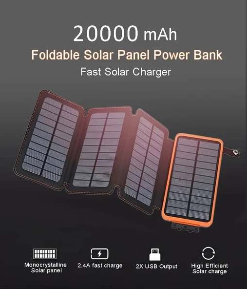 20000 mAh  Güneş Enerjili Solar Powerbank + 3 Panel - 4